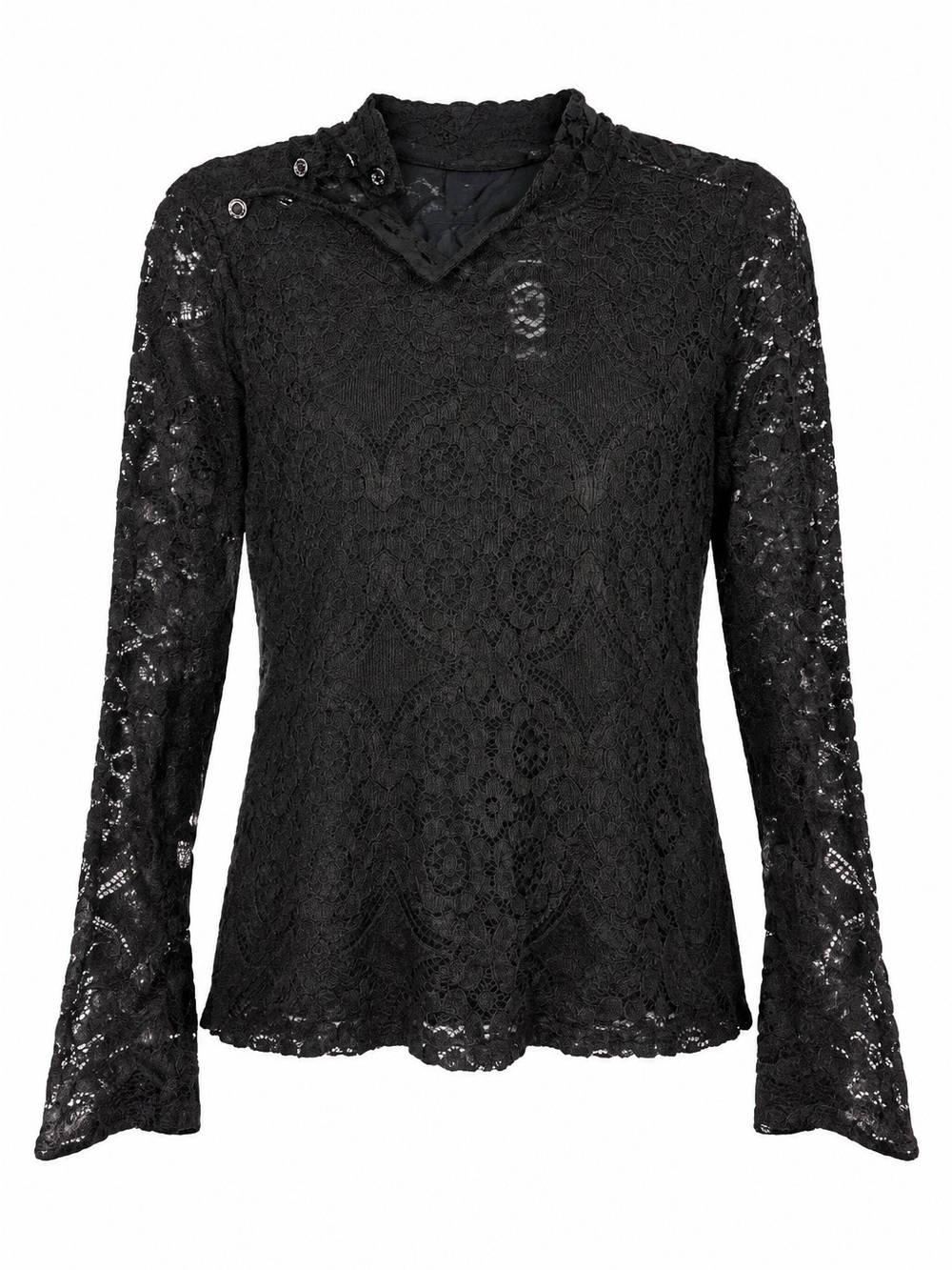 *New* Anthropologie Black Lace Long-Sleeve Top with Side Silver Button Collar